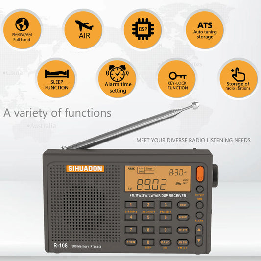SIHUADON R-108 Radio FM Stereo Digital Portable Radio AM SW Air Radio
