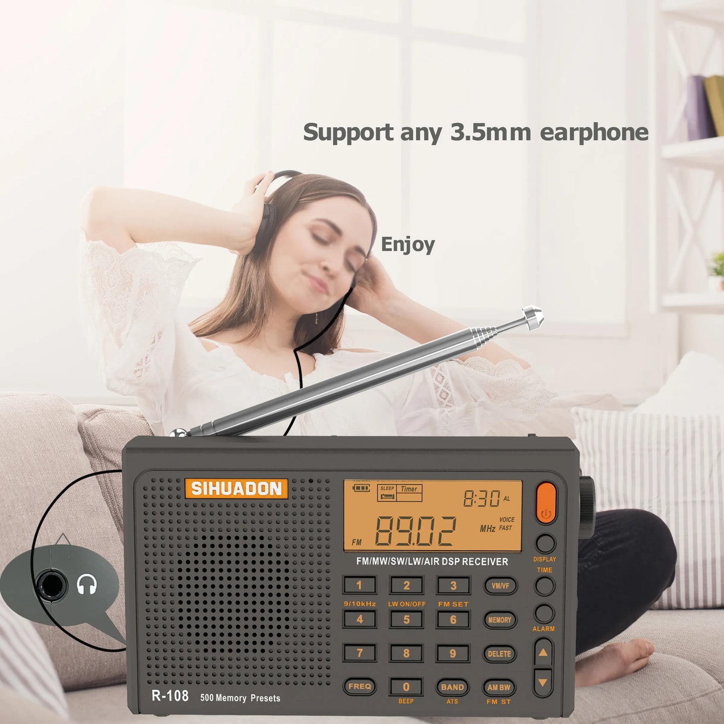 SIHUADON R-108 Radio FM Stereo Digital Portable Radio AM SW Air Radio